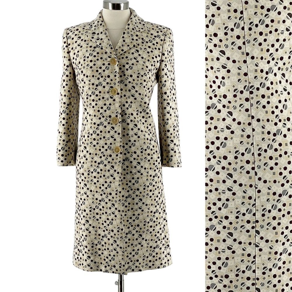 Cruciani Beige Geometric Pattern Wool Blend Brocade Fitted Long Jacket Coat US4